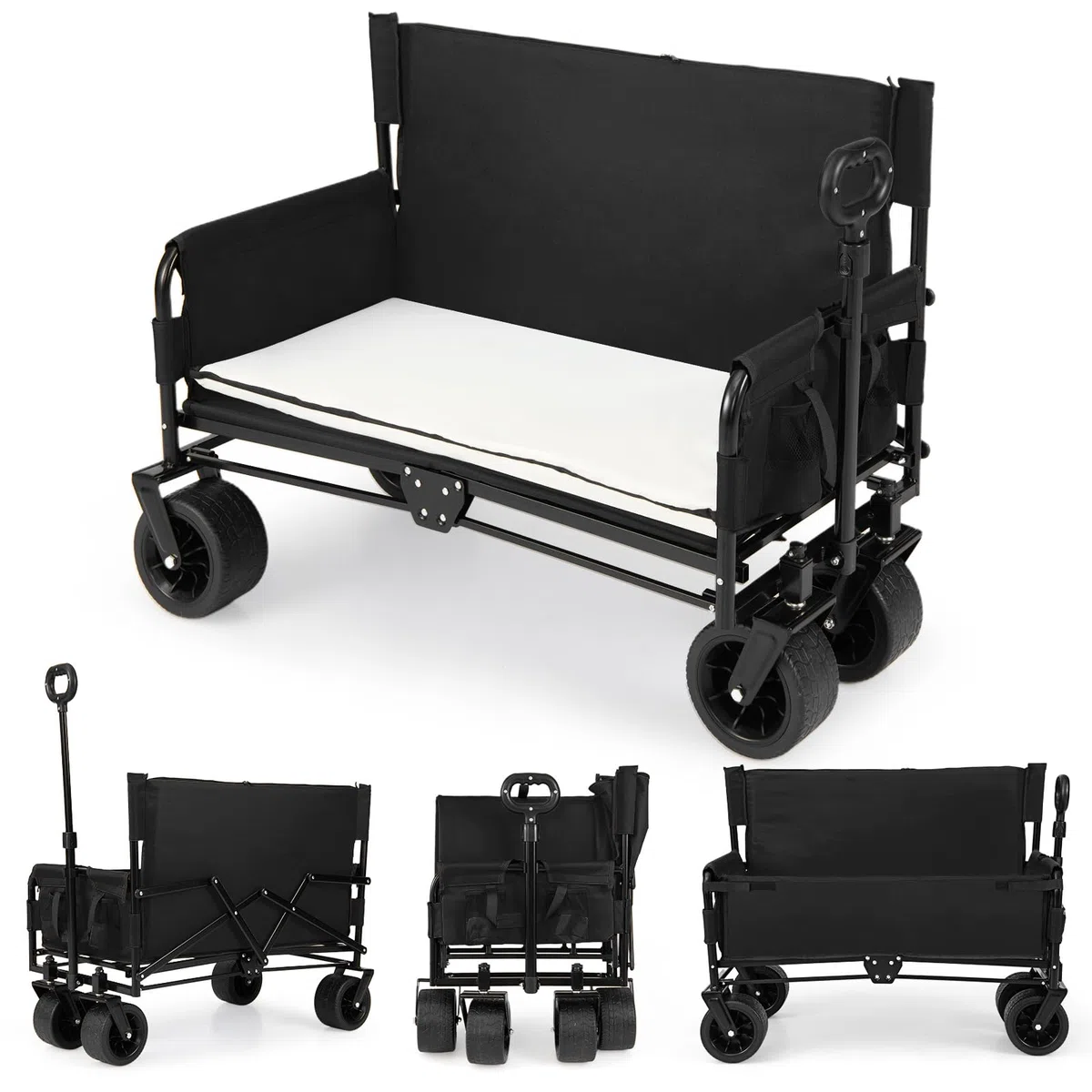 COSTWAY 2 en 1 Banco y Carro Plegable con Ruedas Grandes, Carro Playa, Jardín con Asa Ajustable, Cojines y Ruedas, para Transporte, Camping, Playa y Compras, Carga 80kg, 96x59x75-106 cm (Negro)