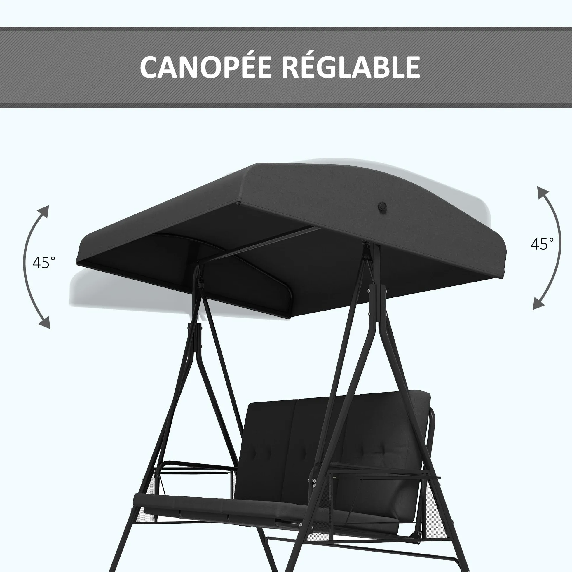 Columpio de jardín Outsunny 3 plazas Techo Alto Confort Regulable, 2 estantes Laterales, Cojines, Acero poliéster Gris Oscuro