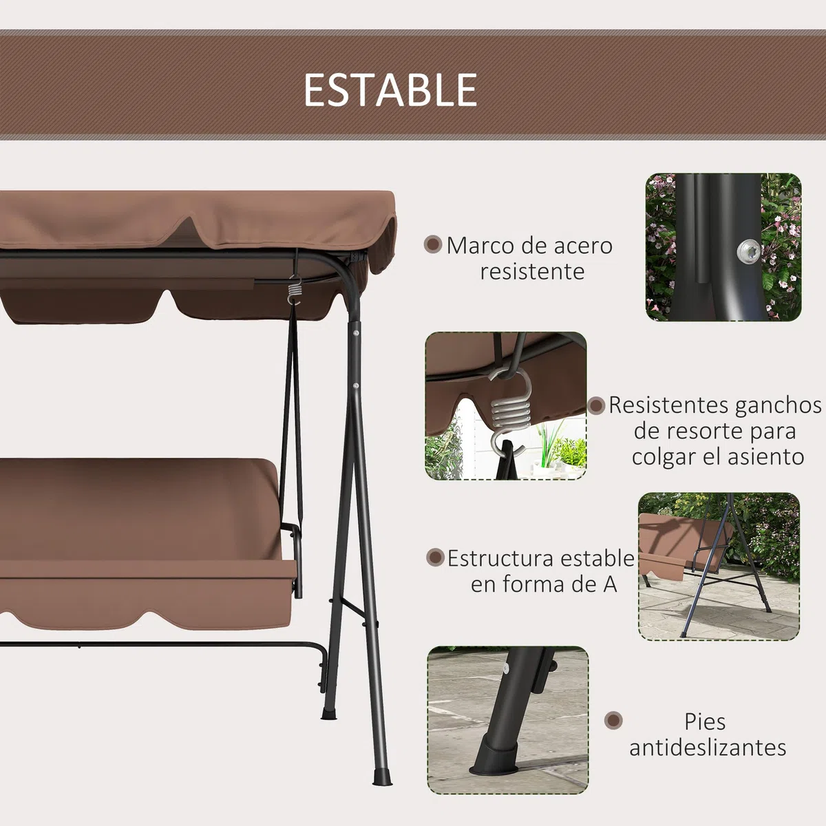 Aosom Outsunny Columpio de Jardín Tipo Balancín Mecedora de Metal 3 Plazas con Toldo Regulable y Cojín - 172x110x152cm
