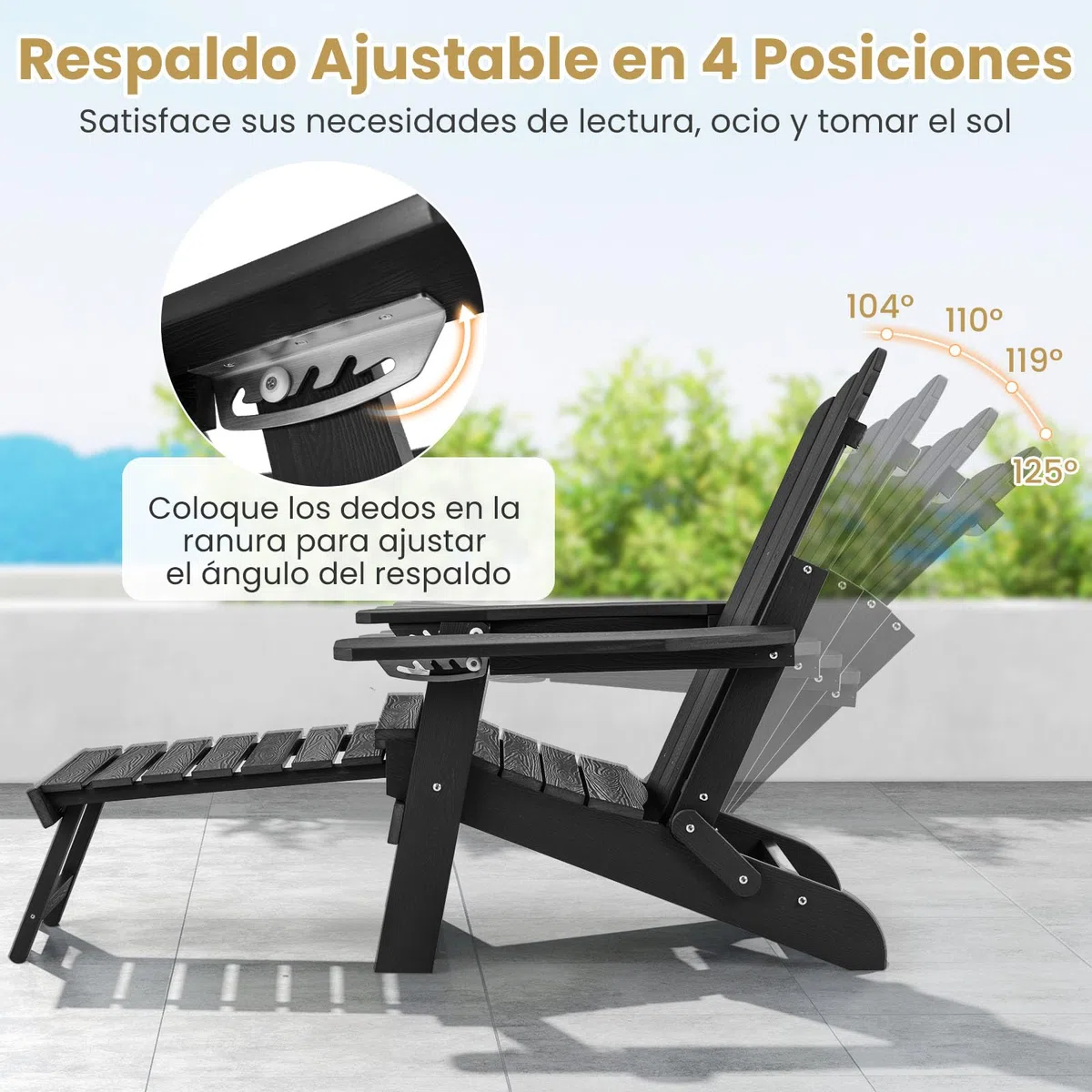 GIANTEX Silla Adirondack Plegable con Reposapiés Retráctil, Tumbona de Hips con Respaldo Ajustable y Portavasos, Carga hasta 180 kg, Silla de Relax para Jardín, Balcón, Patio (Negro)