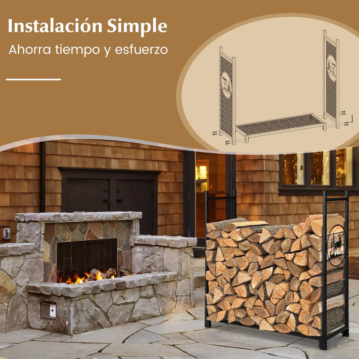 COSTWAY Leñero Exterior/Interior, 121 x 38 x 117 cm, Estante de Leña con Lados de Malla, Base Elevada, Carga de 140kg, Soporte para Almacenar Leña