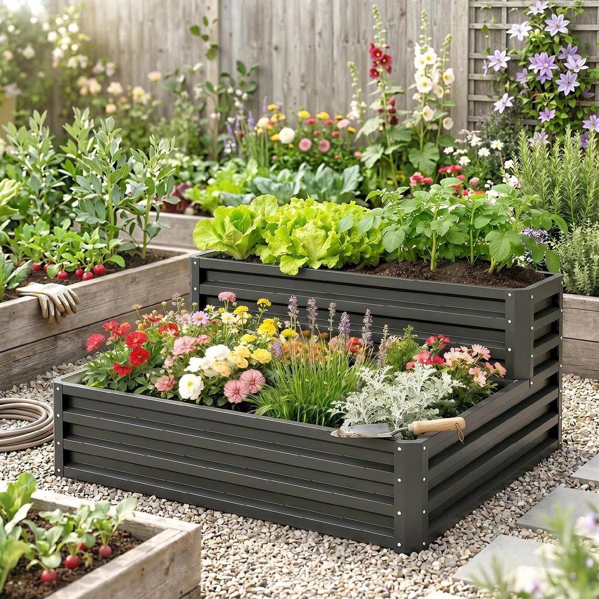 Outsunny Huerto Urbano de 2 Niveles de Acero Galvanizado, Jardinera Exterior con Diseño de Escalera y Fondo Abierto para Cultivos, Plantas, Herbaria, para Terraza, Jardín, 120x101x58 cm, Gris Oscuro