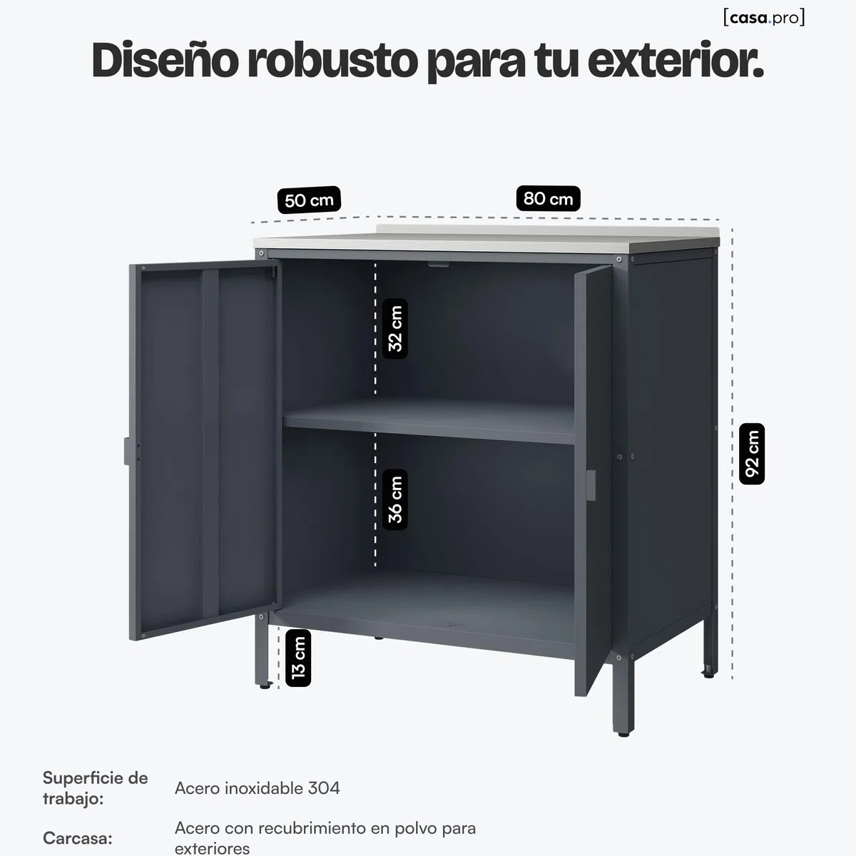 casa.pro Armario Exterior Bolognano con Patas Nivelables 1 Estante Interior para Terraza Jardín Uso Interior y Exterior Almacenaje en el Jardín 92 x 80 x 50 cm Acero - Gris Oscuro/Plateado