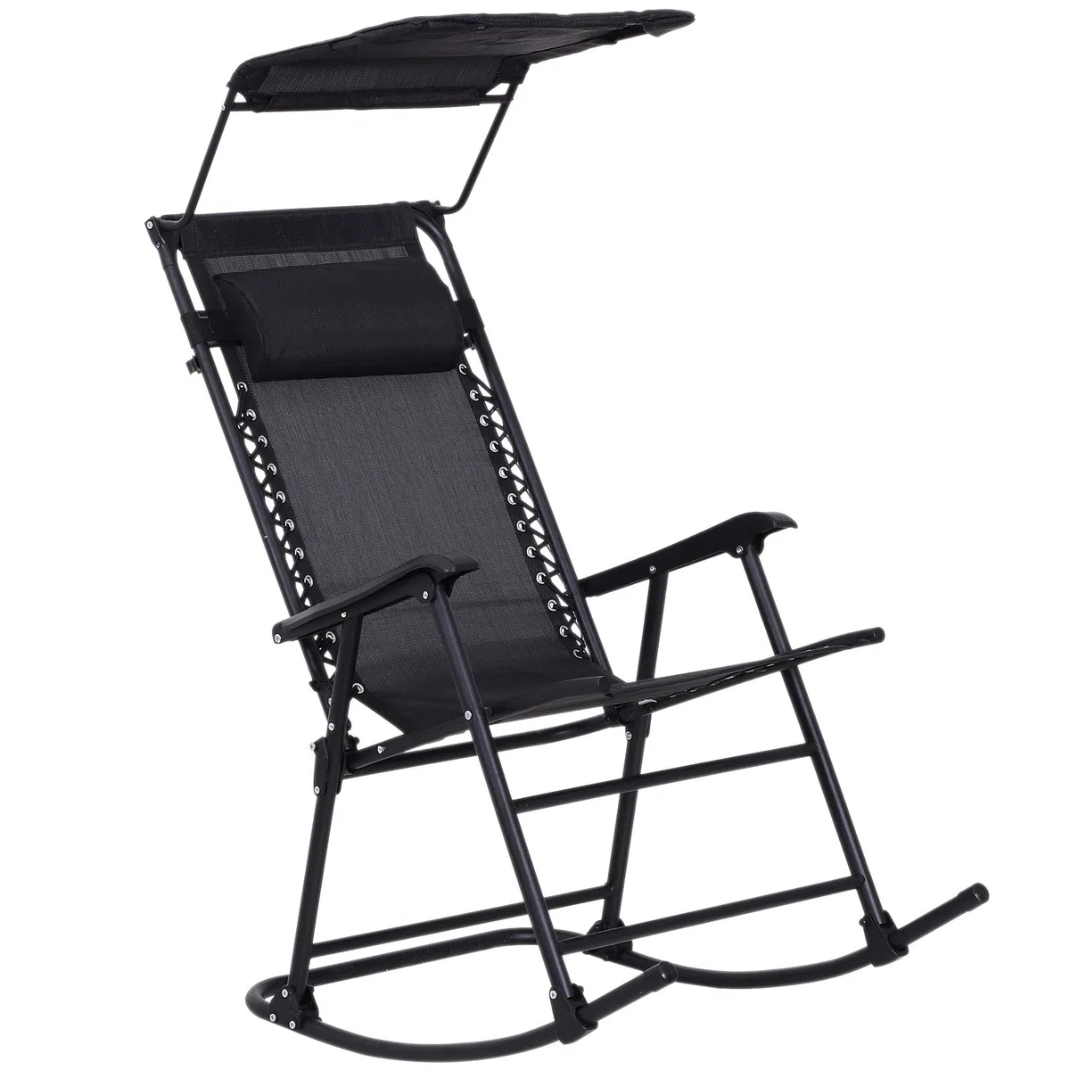 Outsunny Rocking Chair Plegable de Jardín Dim. 105 x 64 x 125 cm tetera + parasol incluido acero epoxi textileno negro