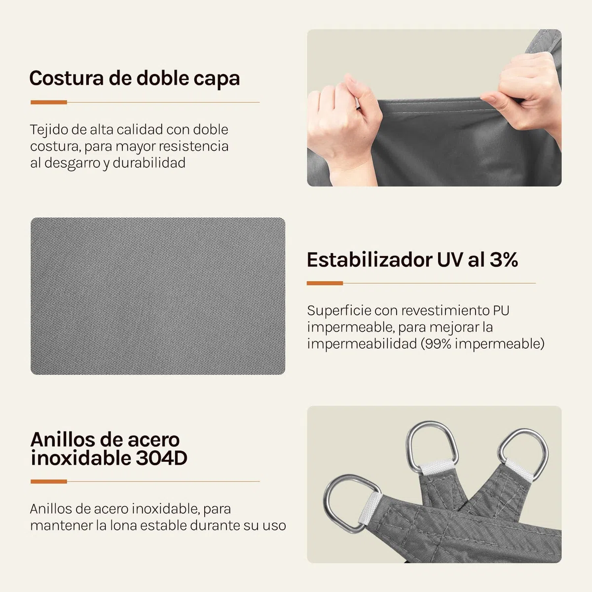 WOLTU Toldo Vela Impermeable Rectangular 4x5 m Poliéster Protección Rayos UV Intemperie para Patio Exteriores Jardín Color Arena Gris