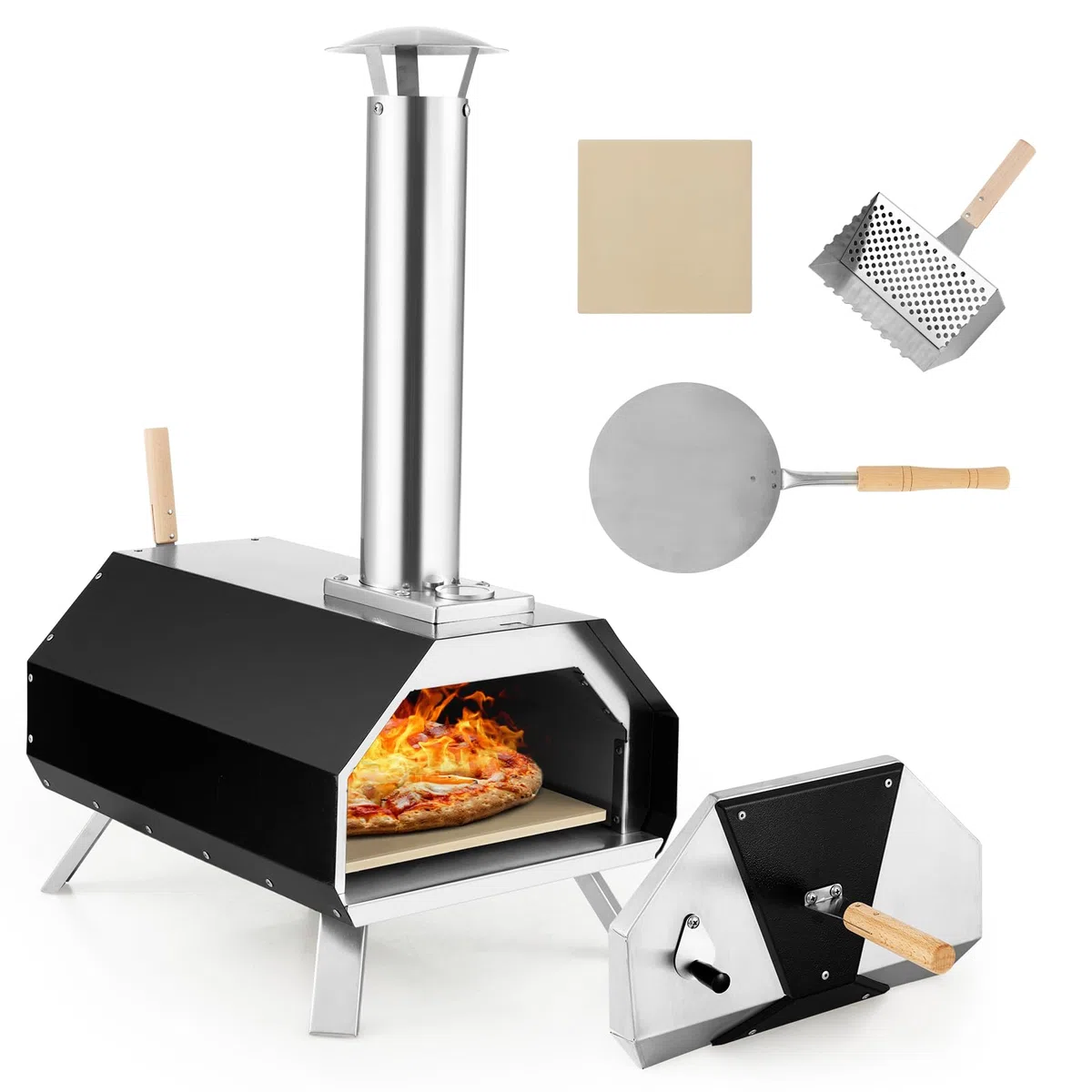 KOMFOTTEU 12" Horno de Pizza para Exterior, Horno de Leña Portátil con Piedra para Pizza, Pala de Pizza, Termómetro y Patas Plegables, Horno Pizzero de Acero Inoxidable para Barbacoa, Camping