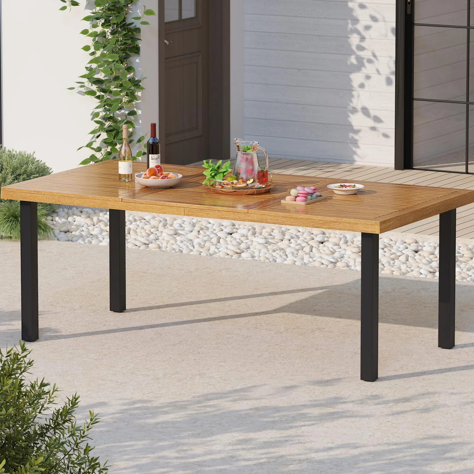 COSTWAY Mesa Jardin Exterior de Madera Acacia, 200 x 100 cm, Mesa Comedor Exterior para 8 Personas, Orificio para Sombrilla, Mesa Rectangular Terraza Balcon Jardin, Natural y Negro