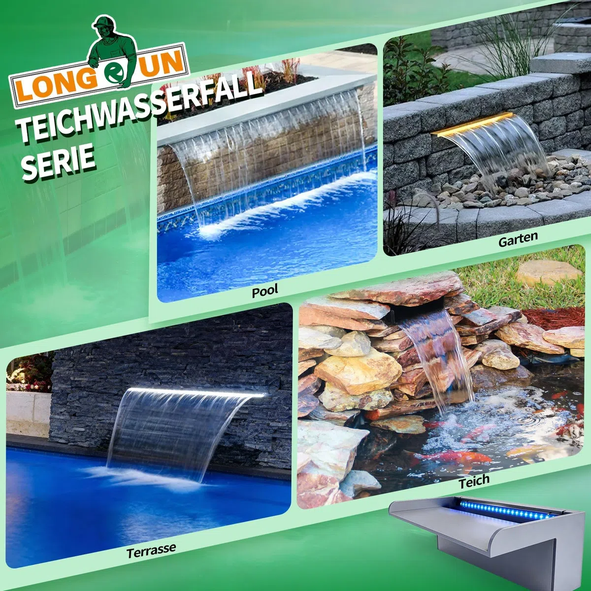 LONGRUN Hoja curvada de cascada para estanque de 30 cm con luz LED RGB Bluetooth, kits completos de cascada y flujo de acrílico, sin placa de cubierta