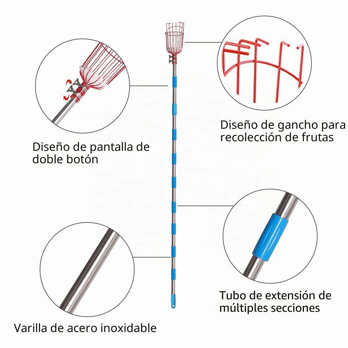 Recogedor de fruta Palo Para Recoger Frutas con 4M Poste de extensión Recogefrutas Pinzas extensibles para jardinería con Cesta picadora de Frutas con Barra telescópica de Aluminio Ligero Y bolsa
