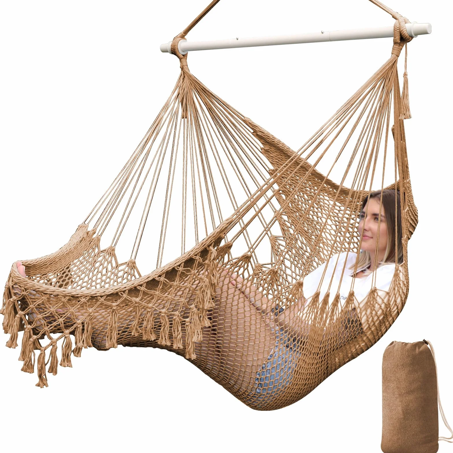 Chihee Silla hamaca Silla colgante hecha a mano tejida con cuerda de algodón, hamaca elástica grande de tejido suave, barra separadora metálica resistente y plegable cómoda interior y exterior, jardín