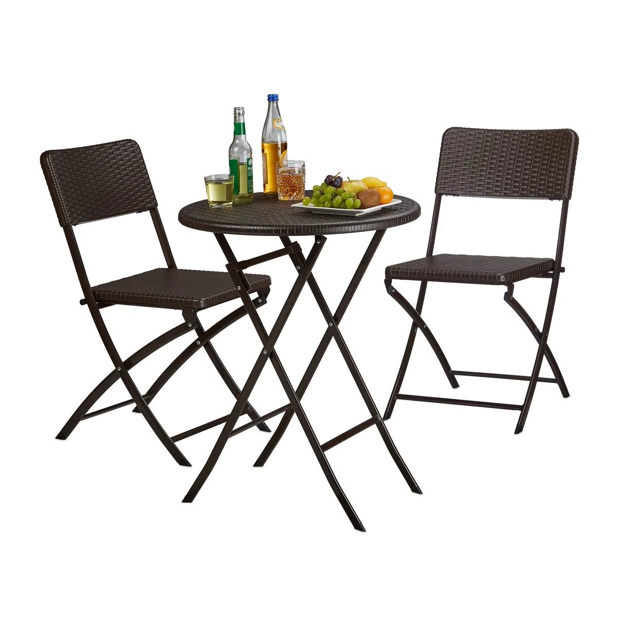 Relaxdays Set Mesa y Sillas Jardín Bastian, Plegable, 3 Unidades, Efecto Ratán, Muebles Exterior, 75,5x60x60 cm, Marrón