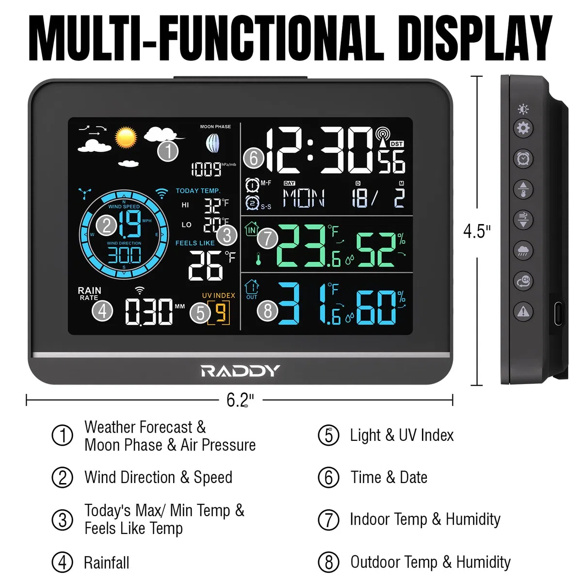 Raddy UV-6 Estación Meteorológica Profesional con Pantalla VA de 6" y Sensor Exterior, Termohigrómetro Inalámbrico Interior/Exterior, Reloj Atómico, Índice UV y Luz, Anemómetro, Pluviómetro