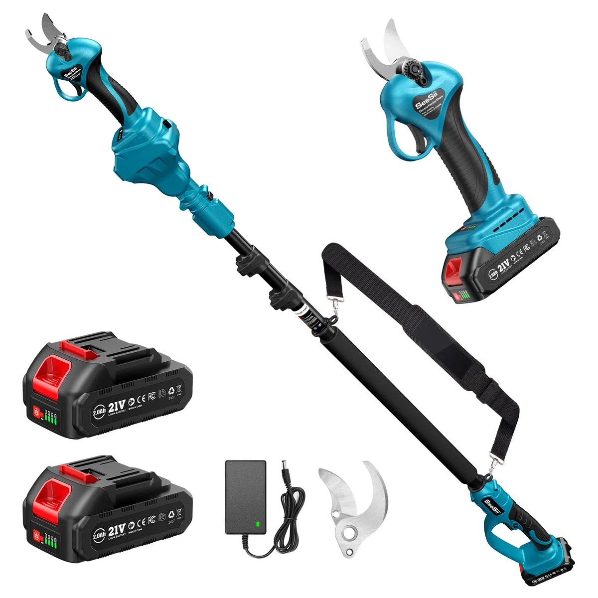 Seesii Tijeras de Podar Eléctricas con Batería, 2 in 1 Seesii 33 mm Podadora Telescópica con 2.4M Pértiga de Extensión, 2x2000mAh Batería, Podadora de Jardín Eléctrica para Jardineria, Olivos
