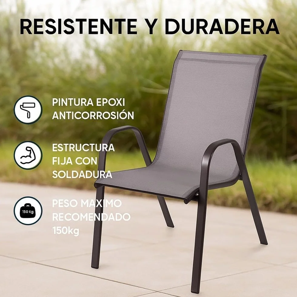 MONTY Conjunto Exterior | Mesa 140 cm de Acero y Cristal Templado + 4 Sillas de Textileno Antracita | Resistente: Pintura anticorrosión, Tela Doble | Transpirables, Apliables | Classic
