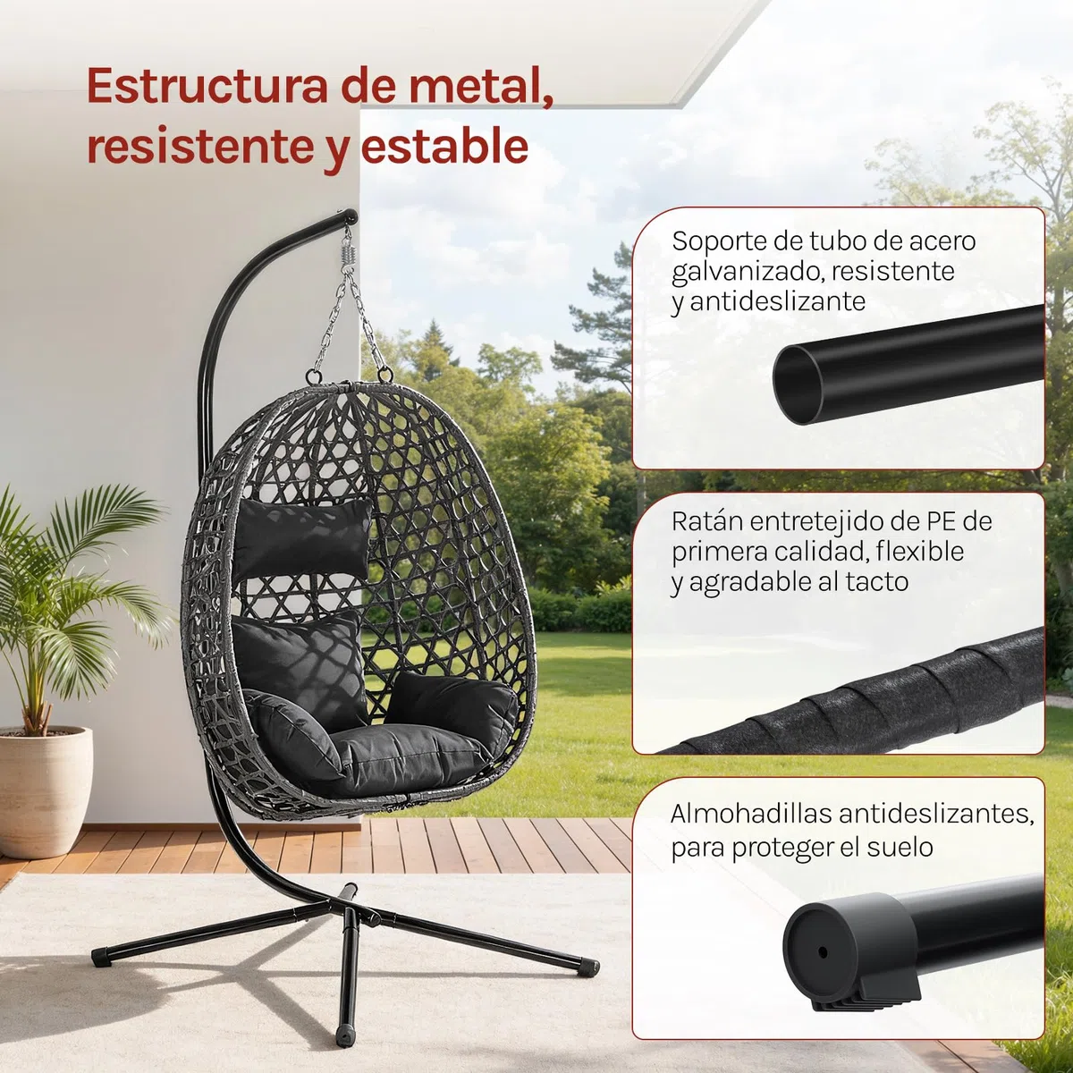 WOLTU Silla Colgante, Hamaca Columpio con Cojín y Reposacabezas, Aspecto Ratán PE y Estructura de Metal, Carga 150 kg, para Jardín, Patio y Terraza, 102x100x196 cm, Negro