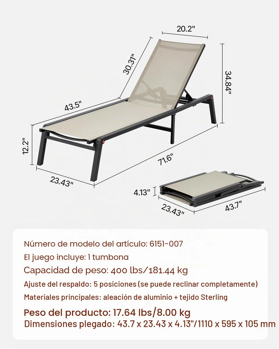VEVOR Tumbona Plegable, 1110 x 595 x 105 mm, Tumbona Impermeable con 5 Posiciones Ajustables, Sillón de Aluminio Relajante, Carga de 180 kg para Jardín, Playa, Patio, Camping y Terraza, Caqui