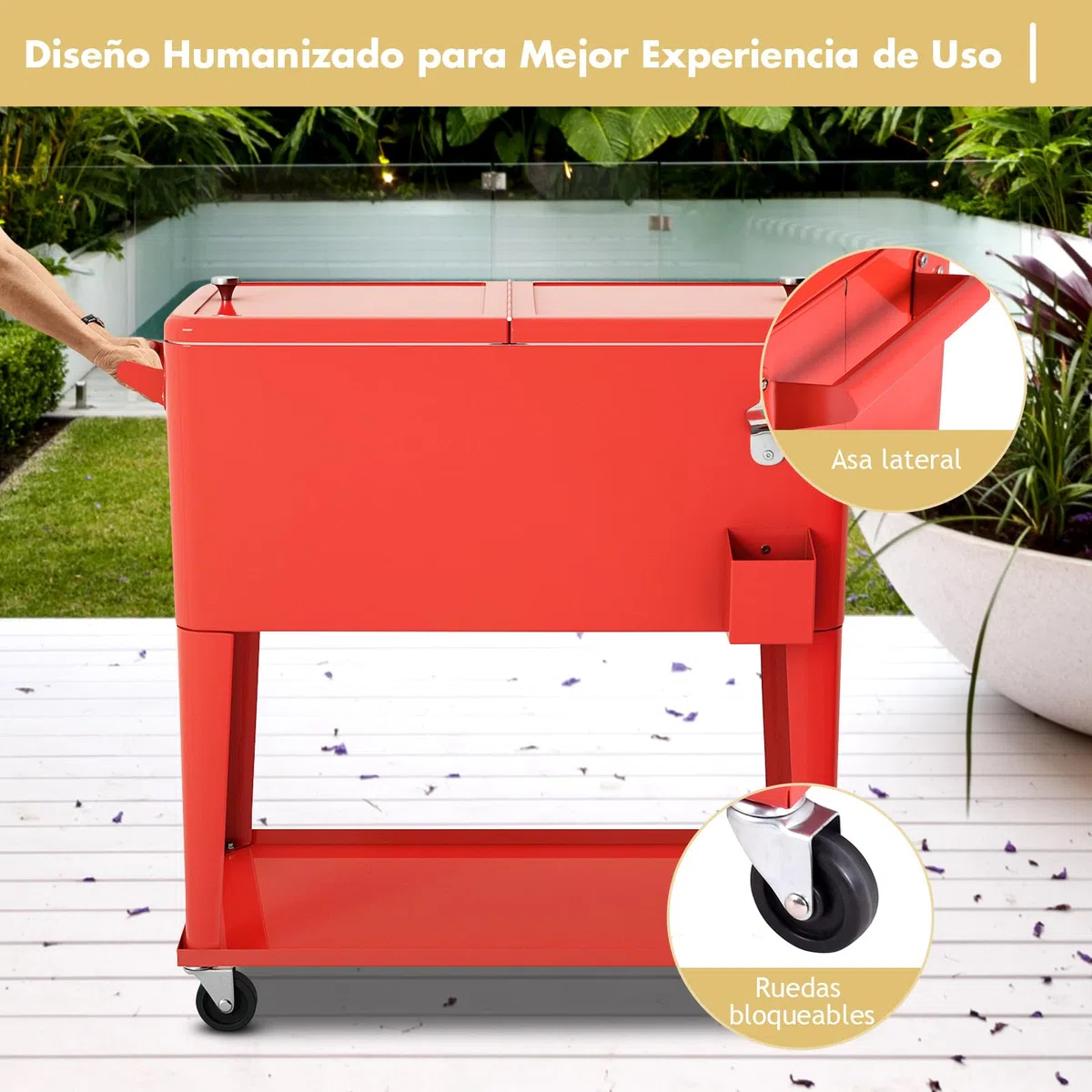 GYMAX Carro Refrigerador de 76 litros, Enfriador de Bebidas con 4 Ruedas Universales, Estante y Abrebotellas, Nevera con Doble Tapa, Caja Térmica, Enfriador de Bebidas para Jardín, Terraza