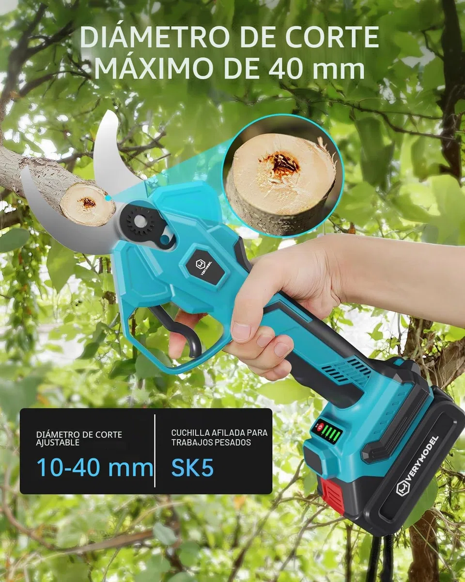 Tijeras de Podar Eléctricas con Pértiga 40mm, 2x4000mAh Tijeras de Podar Telescópico con Baterías y Motor sin Escobillas, Podadora Eléctrica con 2 Hojas para Jardinería, Árboles y Viñedos
