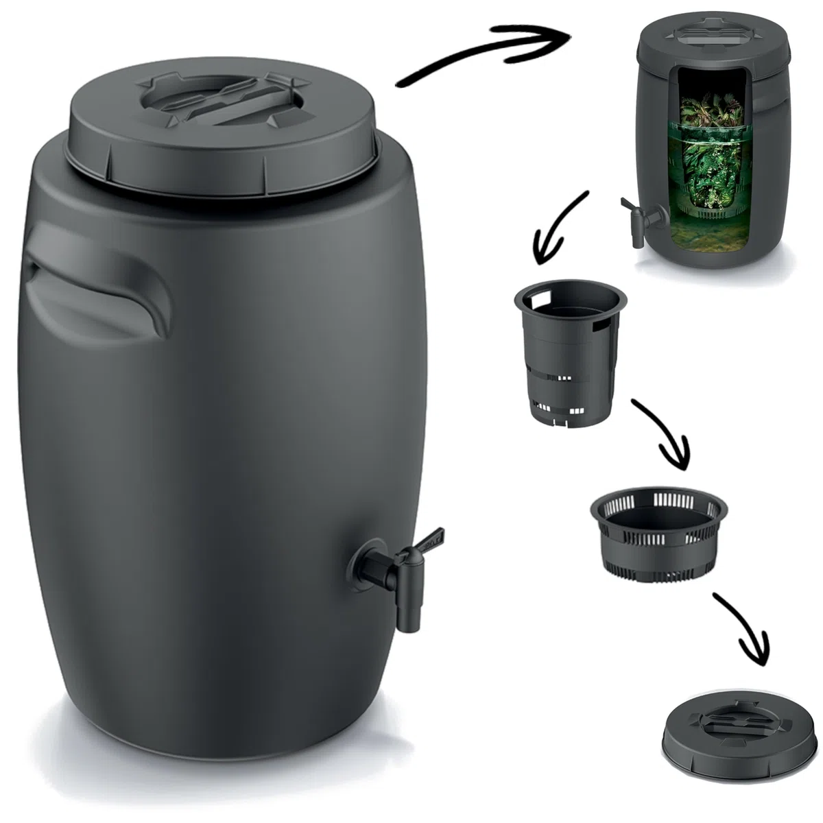 Cubo de basura orgánico para abono con grifo, 25 L, color negro y antracita