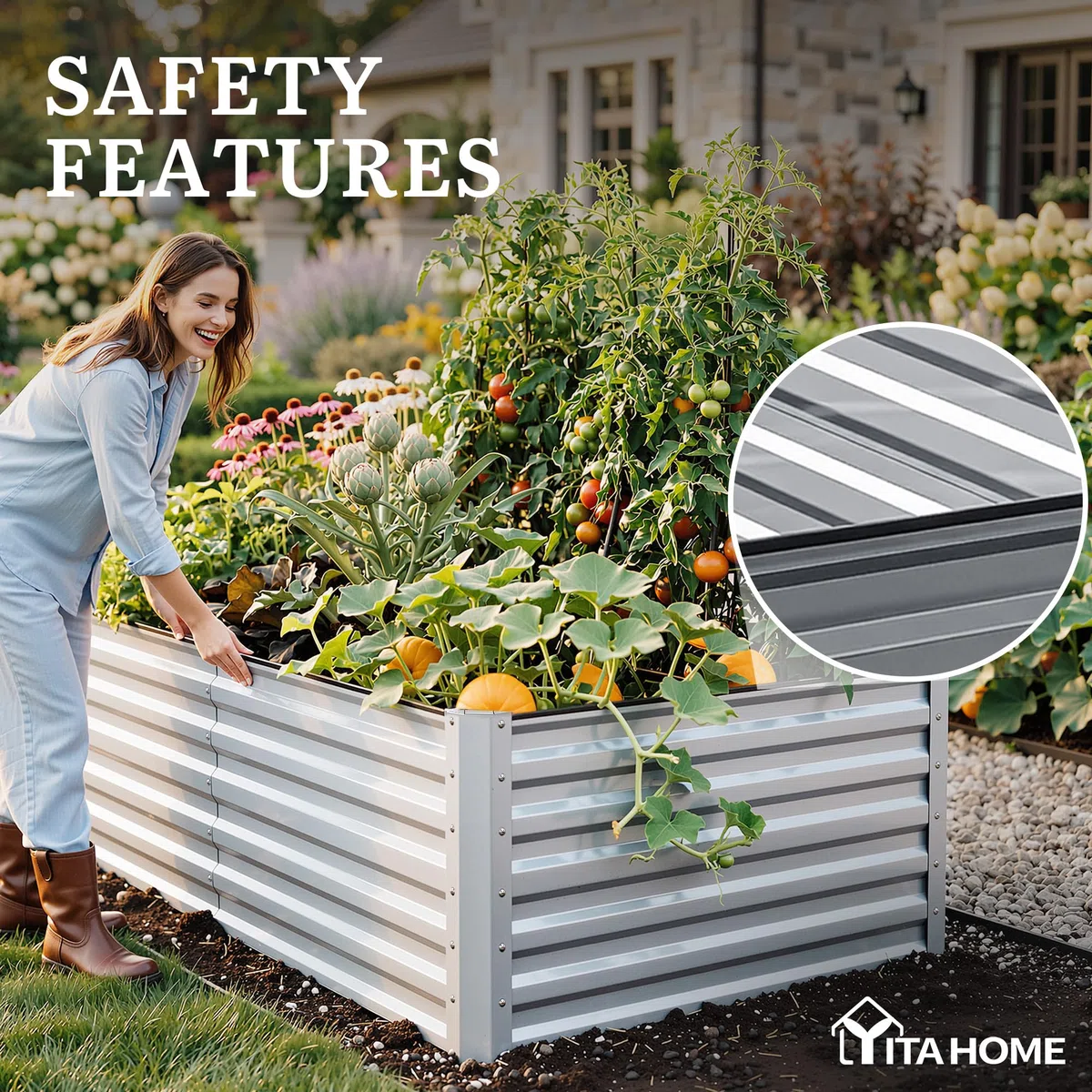 YITAHOME Juego de 1 Camas elevadas para jardín al Aire Libre de 240 x 120 x 58 cm, Camas elevadas de Metal de Zinc, Aluminio y magnesio, Camas elevadas para jardín con Barra de Apoyo y Guantes
