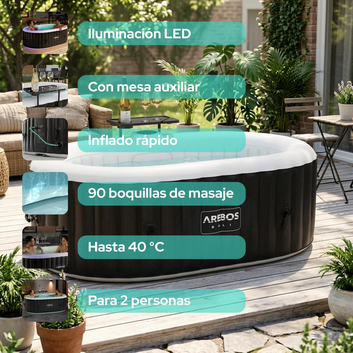 Arebos Bañera de hidromasaje con iluminación LED | SPA Hinchable | Interior y Exterior | 190x120 cm Ovalada | 2 Personas | 90 chorros de Masaje | con calefacción | 550 litros | Incl. Cubierta