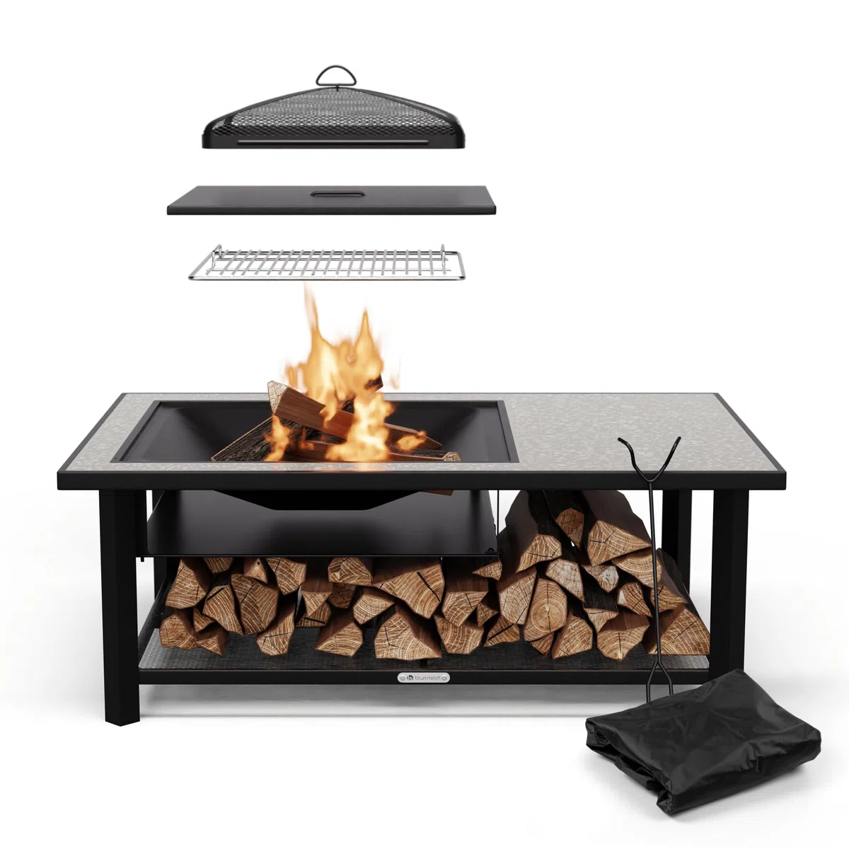 Blumfeldt Merano Avanzato L Brasero Exterior - 3 en 1 Hoguera, Barbacoa & Mesa, Estructura de Acero, Tablero de Terrazo, Incluye Parrilla, Atizador & Protector Antichispas, Ideal para Jardín & Patio