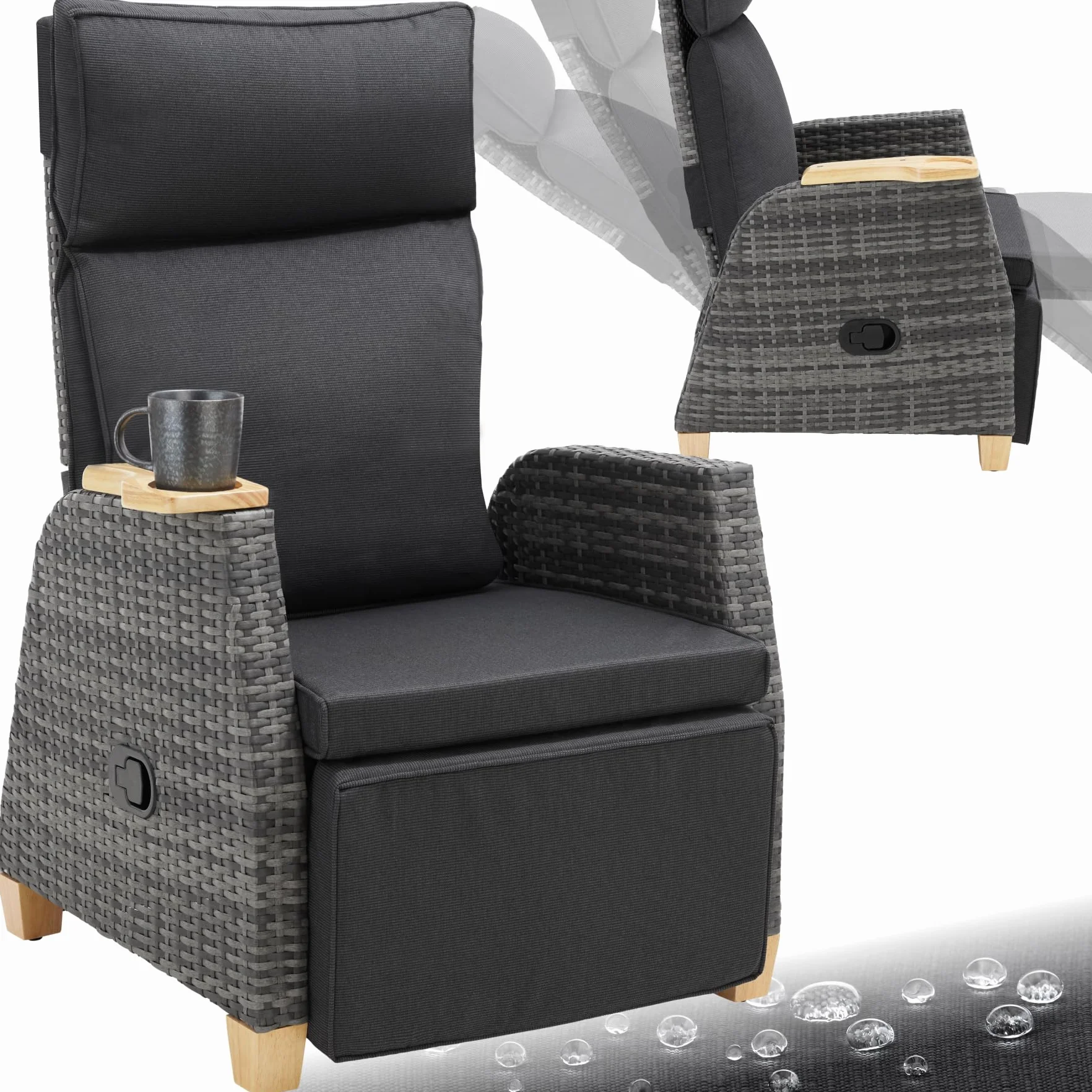 tectake® Sillón de Ratán con Cojín, Estructura de Aluminio, Funda Repelente al Agua, Silla Reclinable, Silla Ratan, Sofa Exterior, Mueble Jardin Exterior, Sillas Terraza, Sofa Jardin - Gris