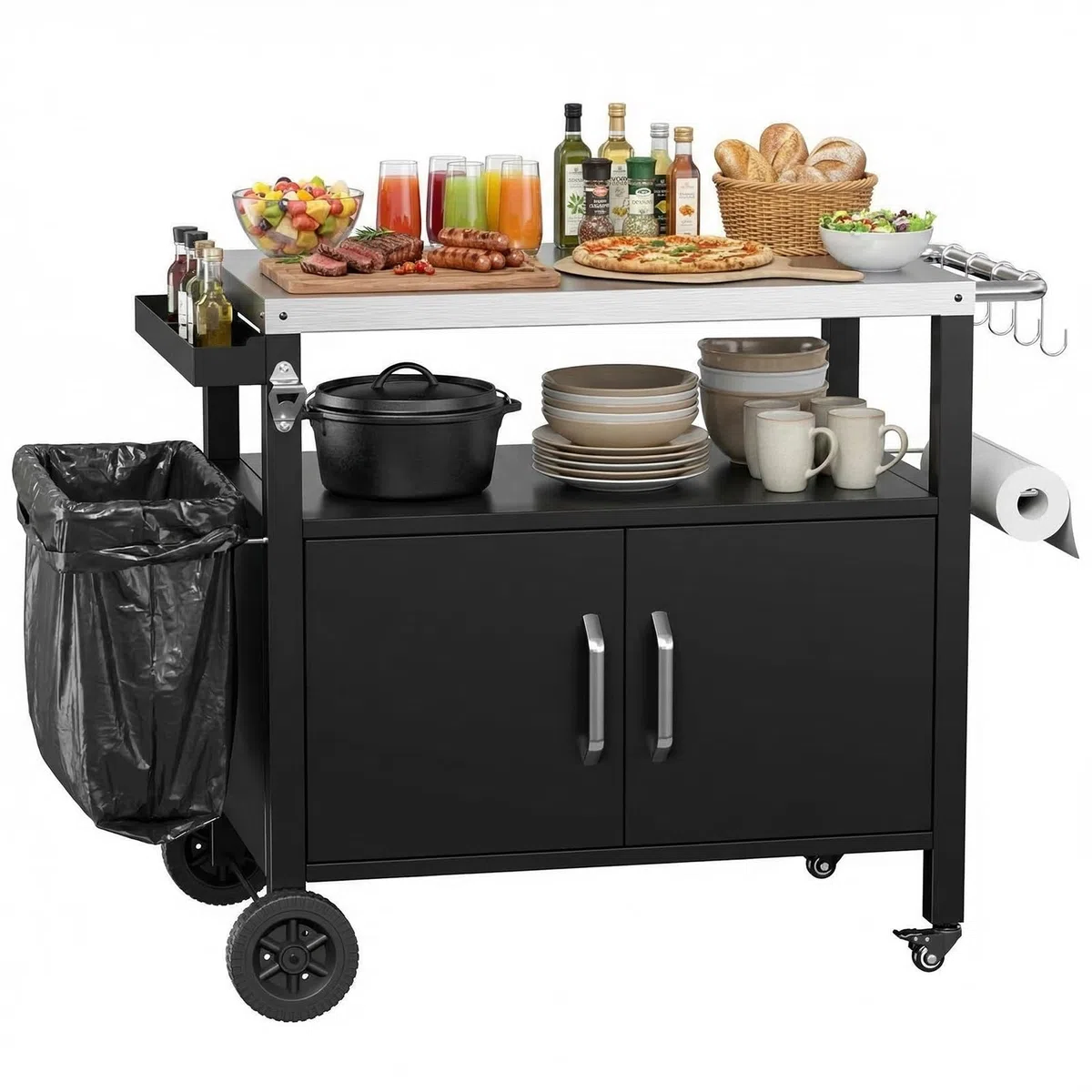 TLSUNNY Carro de Barbacoa con Armario, Carrito para Barbacoa con Encimera de Acero Inoxidable, Mesa de Grill con 4 Ruedas, Carrito de Cocina Exterior para Jardín, Terraza, Balcón Fiesta, 112 x 51 cm
