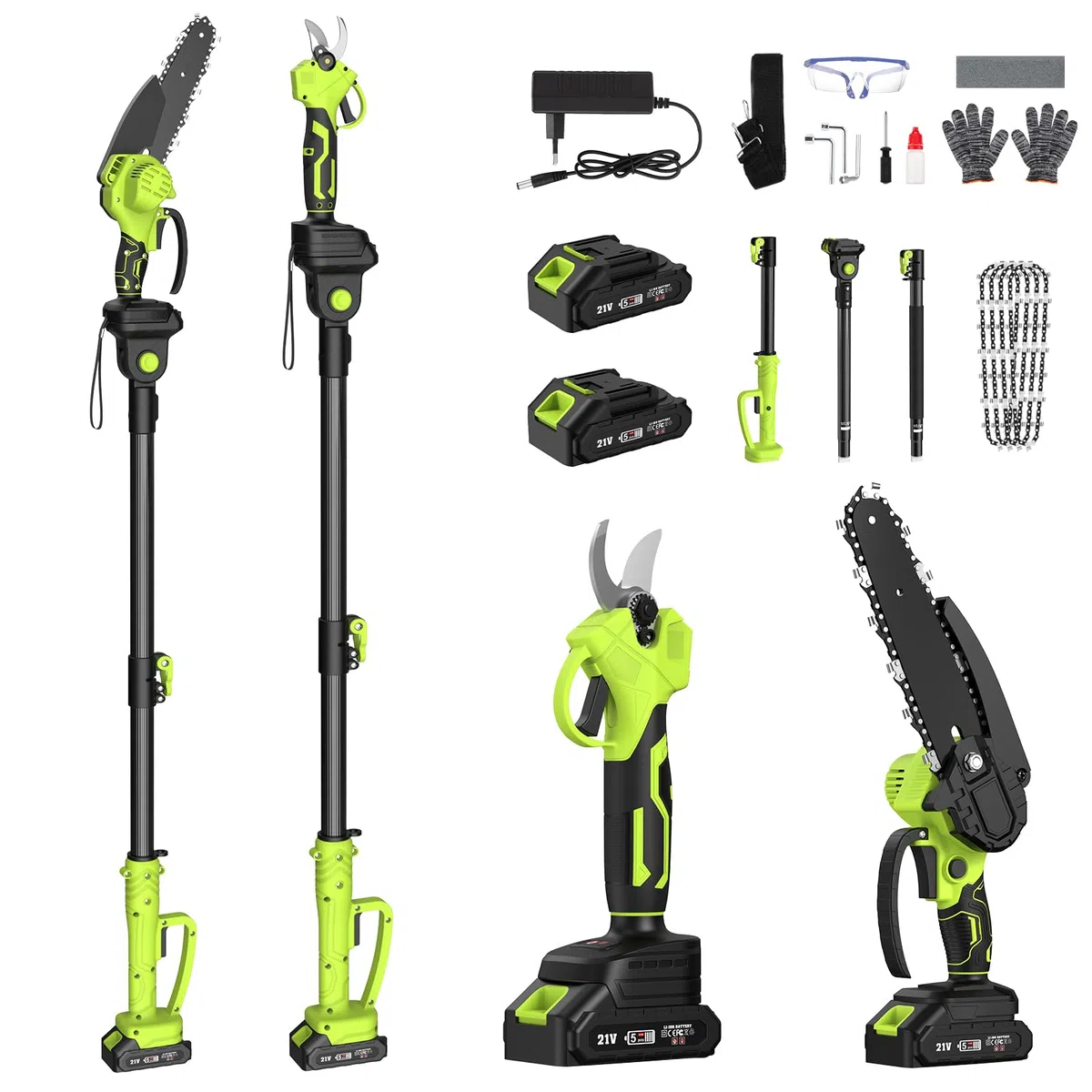Kit de Tijeras de Podar Telescópicas y Motosierra Telescópica a Batería, 4 en 1 Podadora Electrica Herramientas de Jardín con Motorm 550 W, 2*4000 mAh Baterías, 4 Cadenas para Jardines Arbusto y Ramas