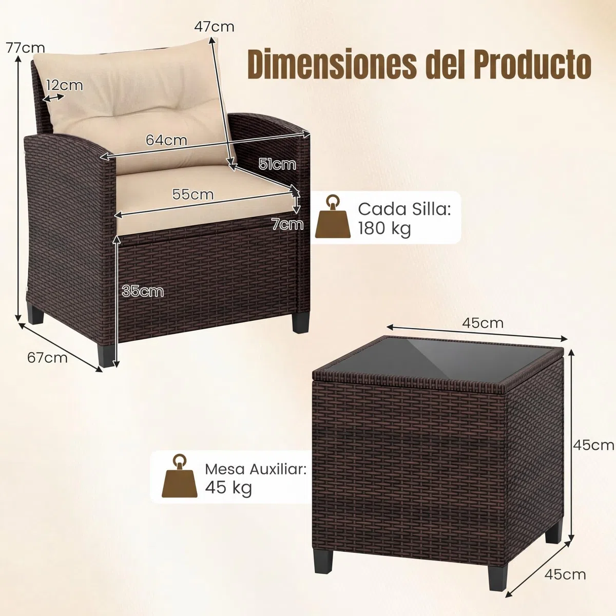 COSTWAY Conjunto Jardin Exterior de Ratán 3 Piezas, 1 Mesa Auxiliar de Vidrio Templado y 2 Sillas con Cojines, Muebles Jardin Terraza Balcon Exterior (Brown)