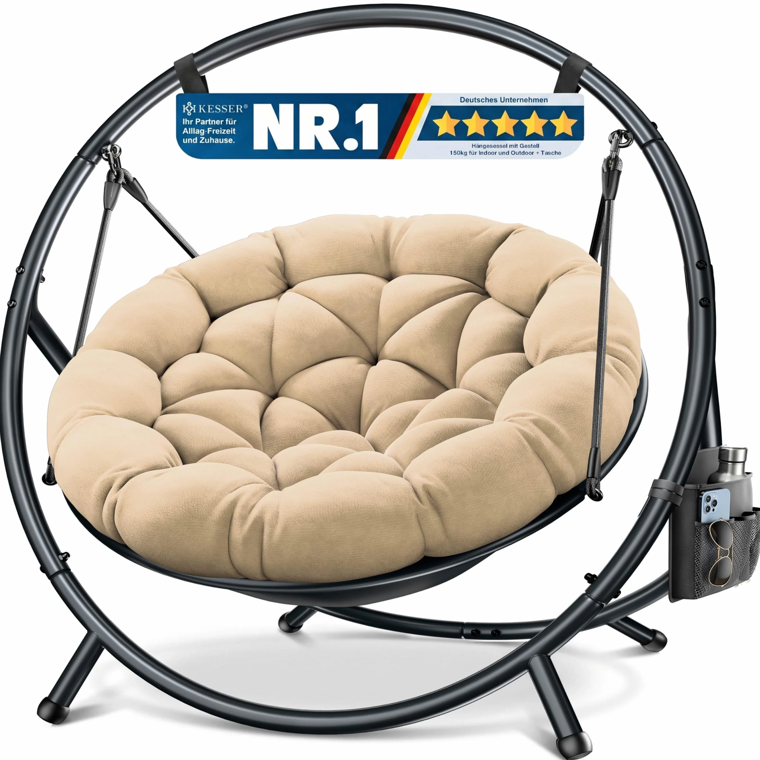 KESSER Silla colgante con estructura Bali, columpio colgante de hasta 150 kg, para interior y exterior, cojín y bolsillo lateral, cesta colgante, estructura de acero y cojín de espuma, ideal para