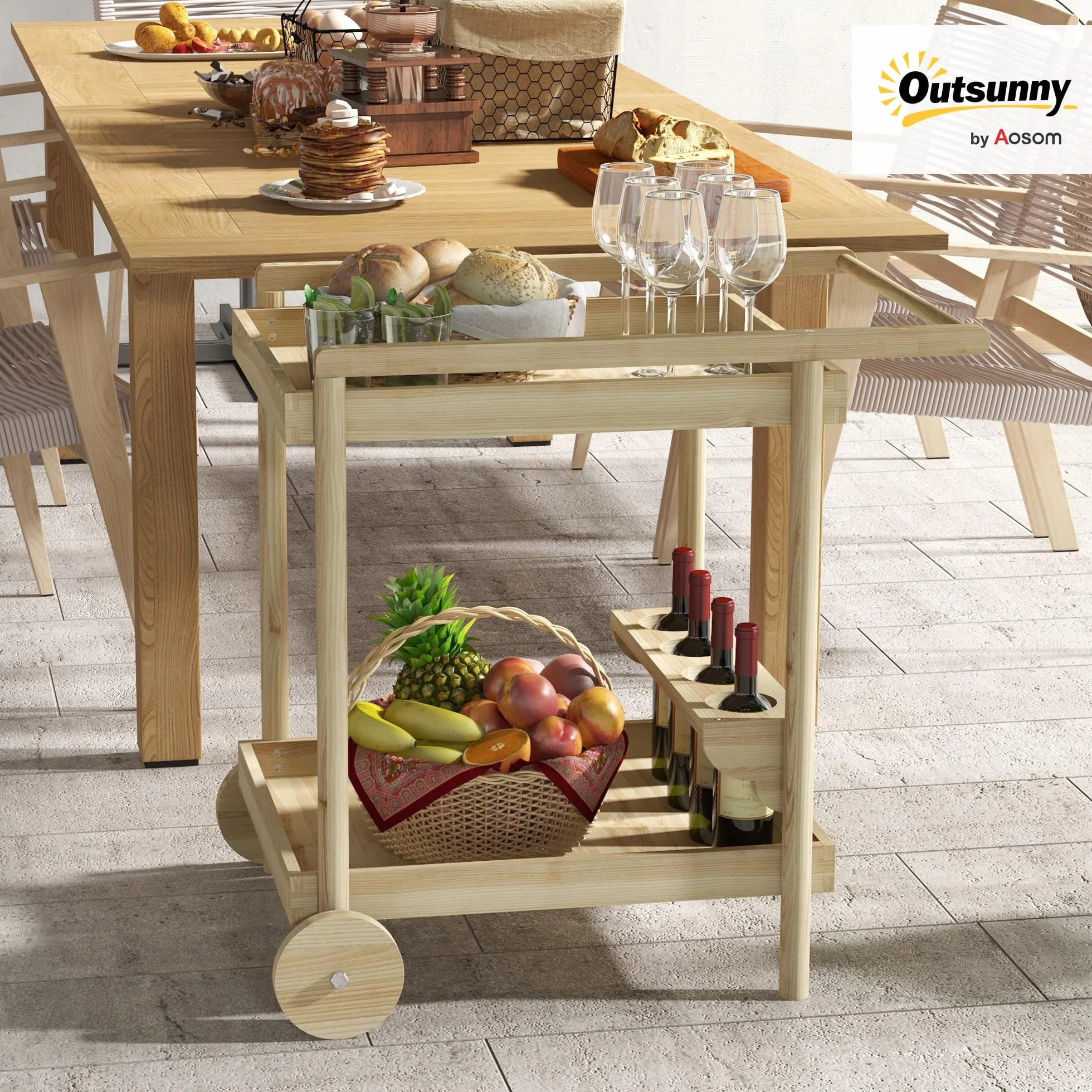 Outsunny Camarera con Ruedas de Madera Carro de Servicio con 2 Estantes 4 Portavasos y Mango para Jardín Terraza Patio 78x58,5x75 cm Natural