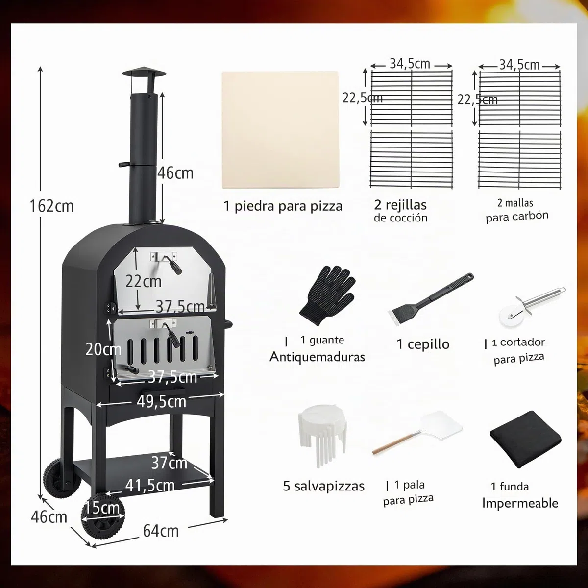 GYMAX Horno para Pizza de Exteriores con Piedra y Pala, Horno de Cocina con Termómetro y Función de Barbacoa, Estufa con Cubierta y 2 Ruedas para Picnic, Fiesta y Camping