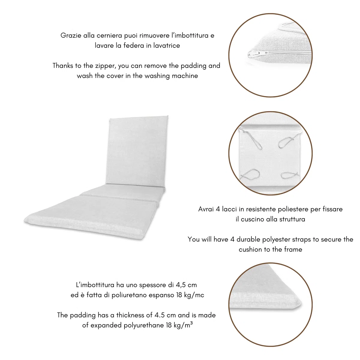 Il Tuo Artigiano Design Uscino - Colchón acolchado para tumbona, artesanal, totalmente desenfundable, fabricado en Italia, 190 x 60 cm, color blanco