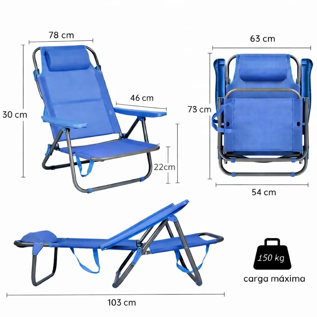 T-LOVENDO.ES Pack de 2 Sillas de Playa Reclinables Plegables con Reposacabezas | Sillas Portátiles para Jardín, Camping, Piscina, Terraza | Estructura de Acero Ligera y Tela Transpirable Resistente