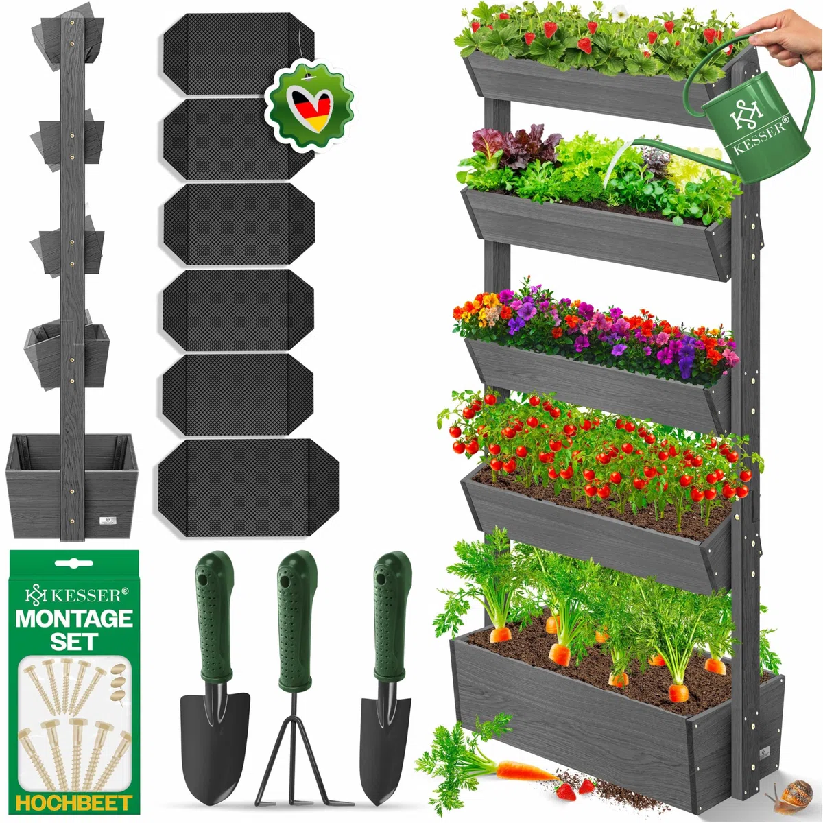 KESSER® Huerto Elevado con Estanterías Macetero de Flores Escalera de Flores Escalera de Plantas Huerto de Verduras Huerto de Hierbas Maceta de Plantas con Tela de Jardín, Antracita, 5 Niveles