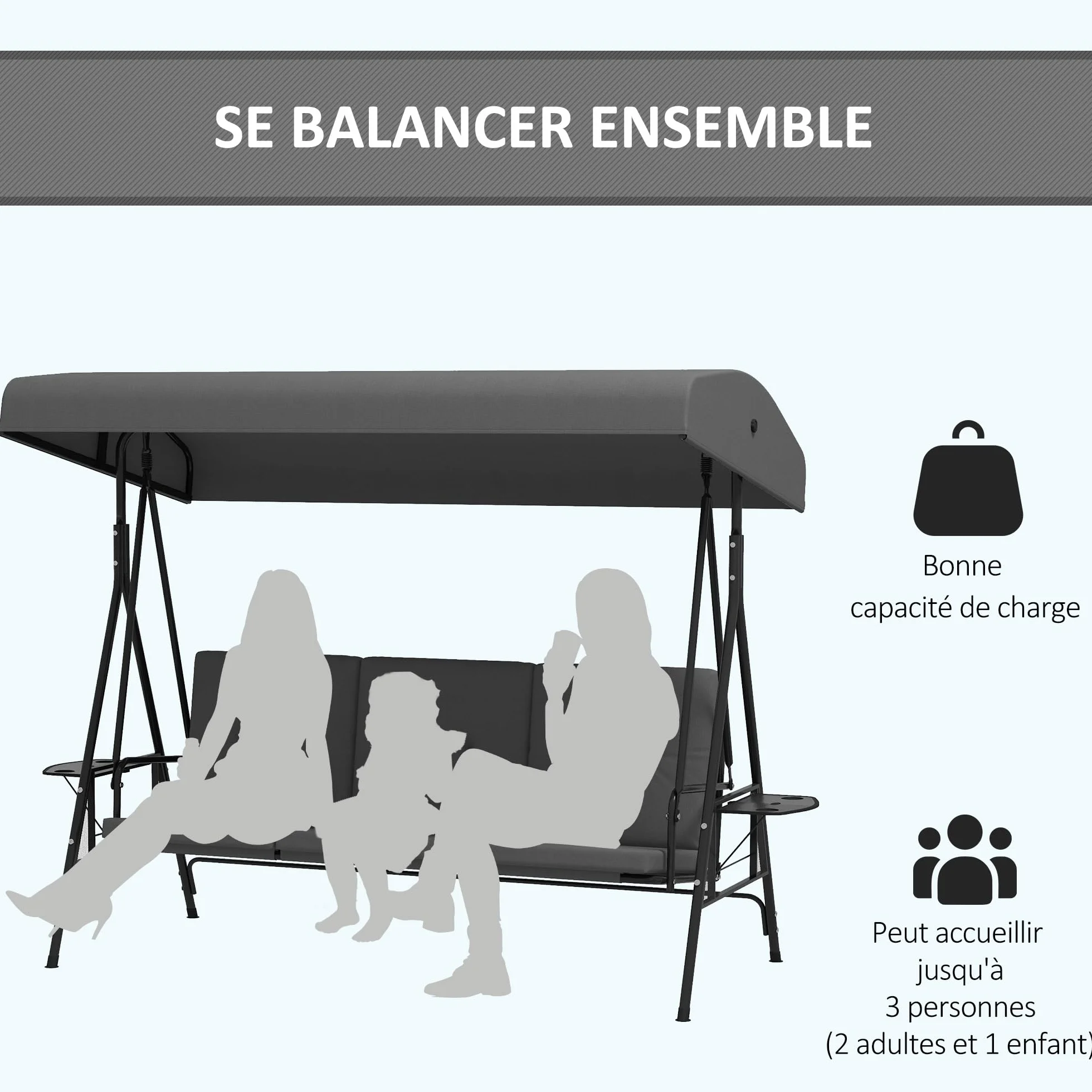Columpio de jardín Outsunny 3 plazas Techo Alto Confort Regulable, 2 estantes Laterales, Cojines, Acero poliéster Gris Oscuro