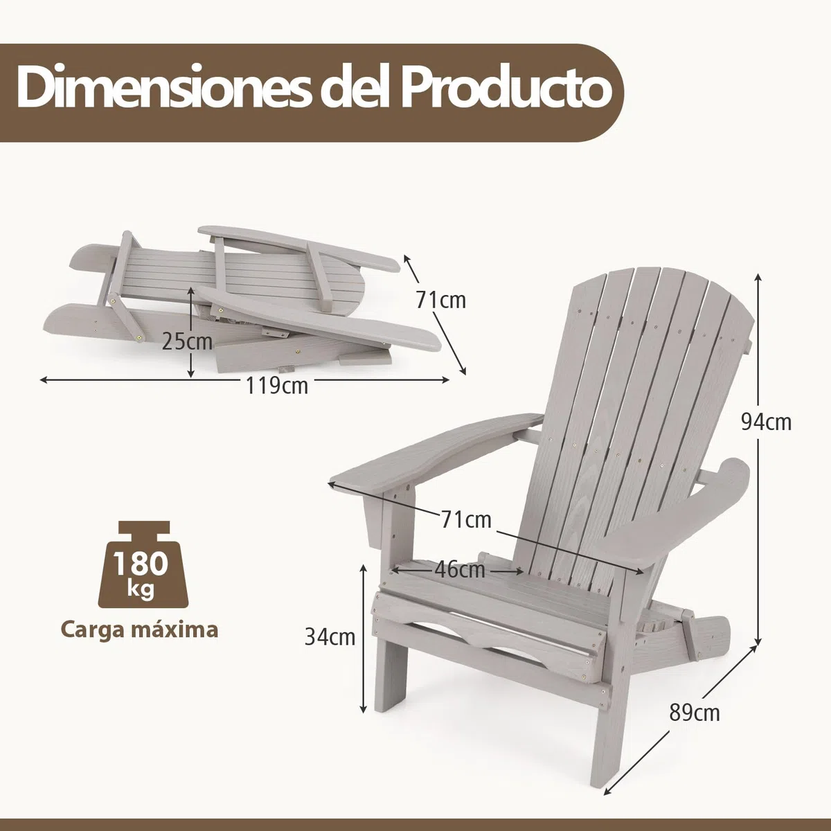 COSTWAY 1/2 Sillas de Jardin Adirondack Plegable, Silla Tumbona Madera Abeto, Respaldo Alto y Reposabrazos Anchos, Sillón Adirondack Jardin Terraza Balcon, 89 x 71 x 94 cm, Max180kg (2, Gris, m)
