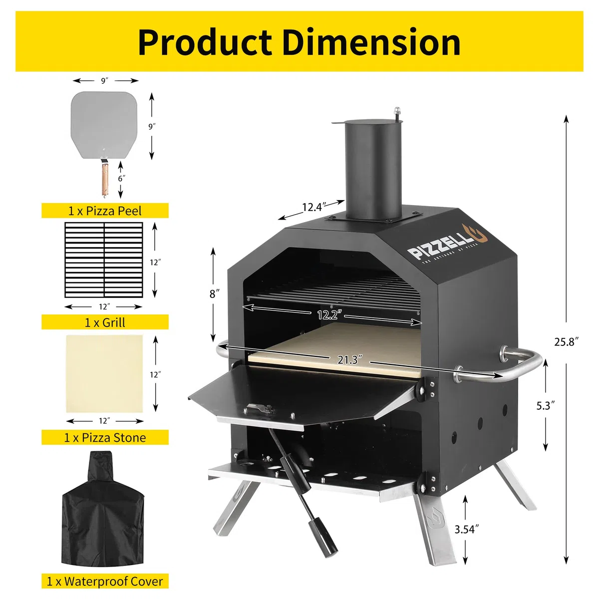 Pizzello Horno de pizza al aire libre de 2 capas de leña, horno de pizza exterior de 12 pulgadas con piedra, pelador de pizza, cubierta, estante de cocina extraíble para camping, patio trasero,