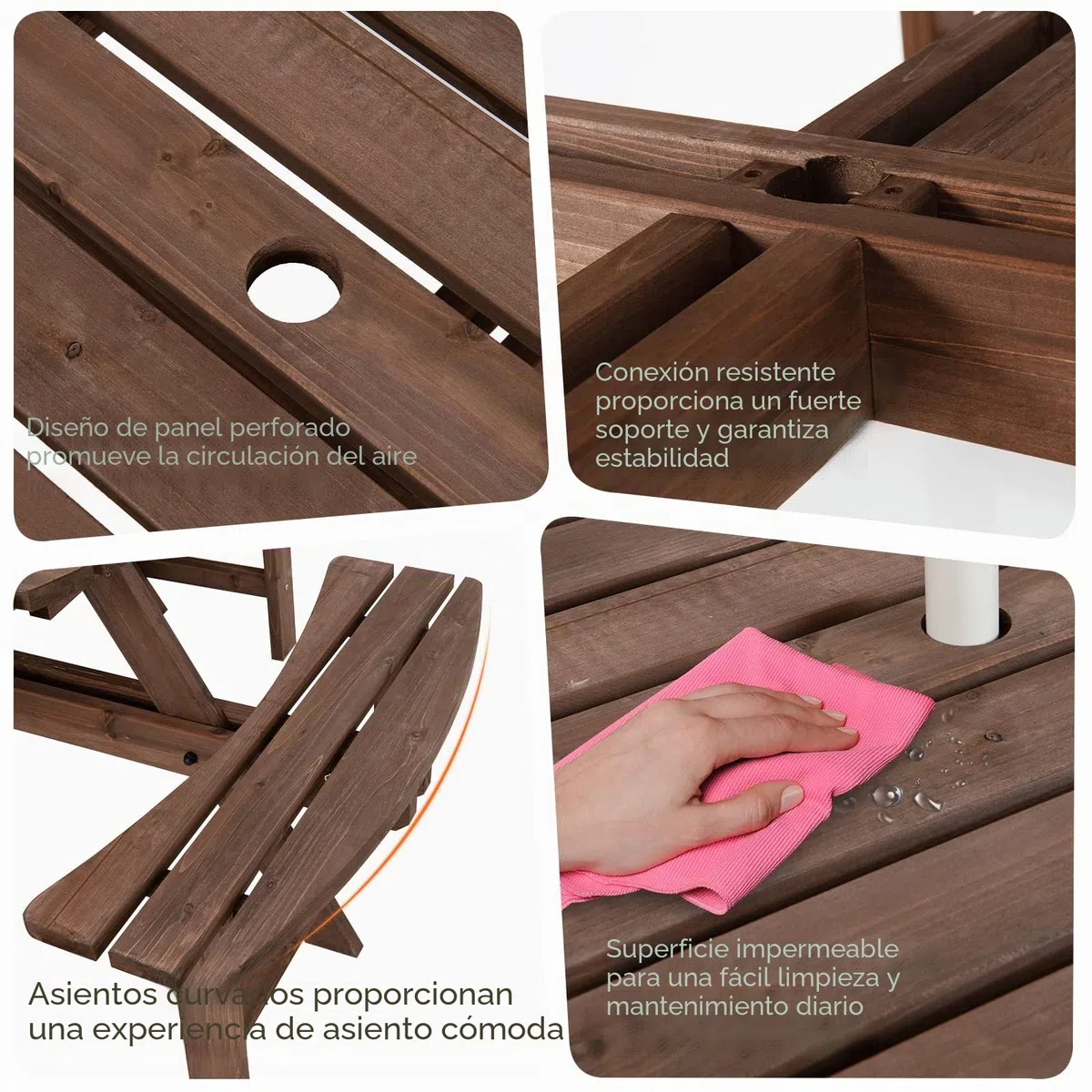 GIANTEX Juego de Muebles de Jardín al Aire Libre de Madera de Abeto para 8 Personas, Juego de Mesa de Picnic con Agujero para Sombrilla para Patio, Jardín, Terraza