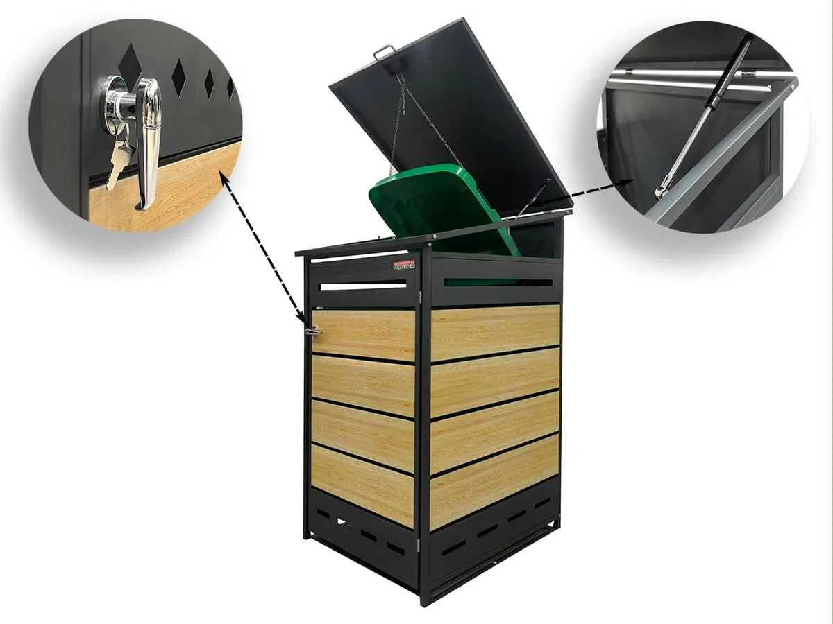 Cobertizo para Cubo de Basura D04GW1, Armario Metálico Exterior para Contenedores de 60L 120L y 240L, Cubierta Moderna con Ventilación y Apertura Superior, Antracita/Marrón, 130,5 x 77,5 x 73 cm