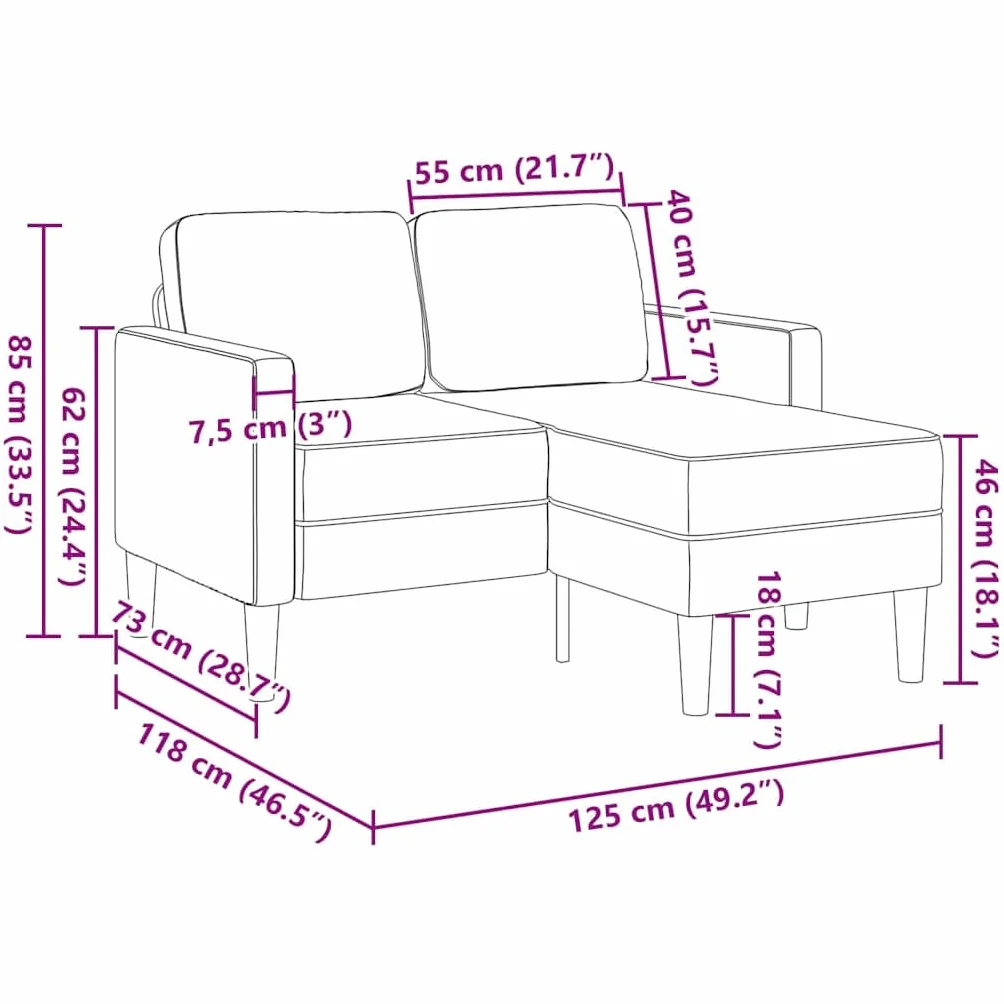 vidaXL Sofá de 2 plazas con Chaise Longue en Forma de L Crema 125cm, sofá de 2 plazas para Dormitorio, sofá de Dos plazas, sofá de Dos plazas