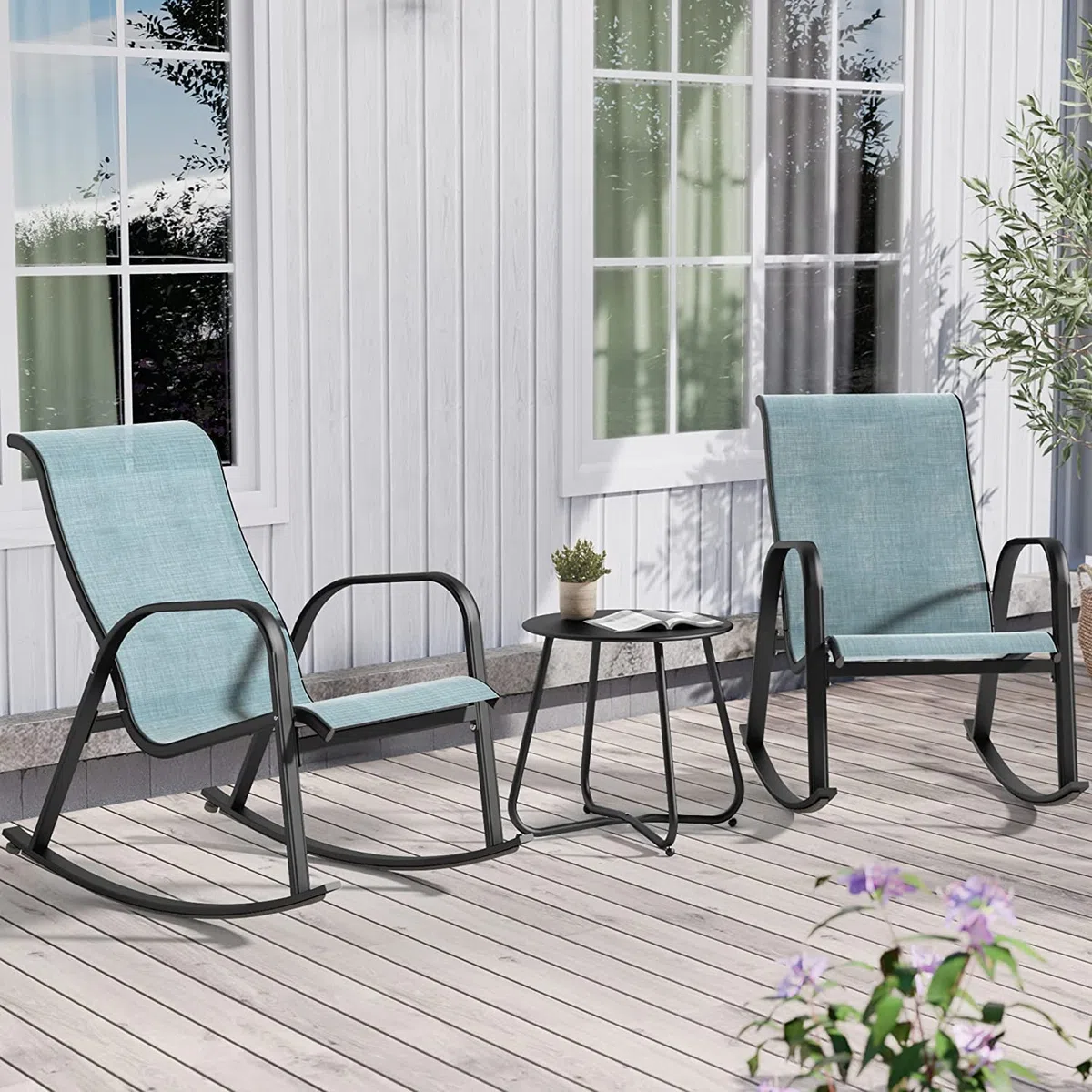 Grand patio Textilene Mecedora, Mecedor de Patio, Resistente a la Intemperie, Ligero, Sillón Relax para Interior, Exterior(Azul, 3PC)