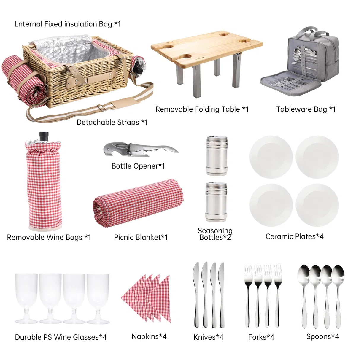 Juego de cesta de picnic de mimbre para 4 personas con mesa desmontable, bolsa de utensilios, forro aislante y manta impermeable, cesta de picnic de sauce para camping, al aire libre, parejas, regalos