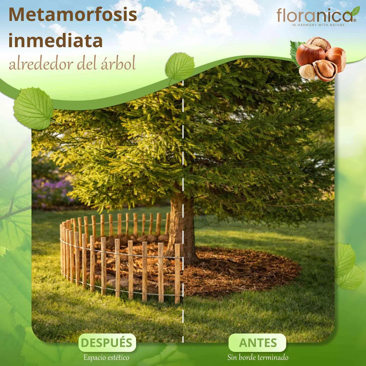Floranica valla de avellano 1 metro lineal x 80 cm alto separación 4-6 cm cerca de estacas de jardín para delimitar áreas exteriores