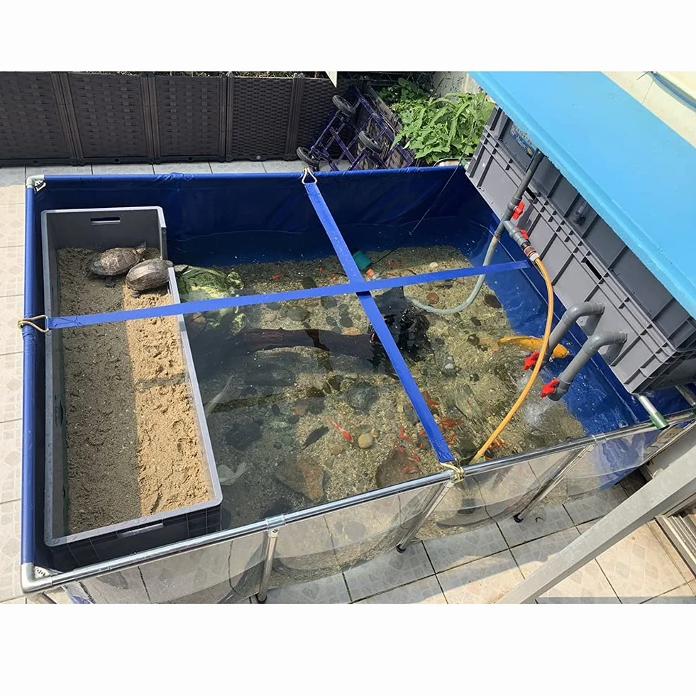 Estanques elevados para acuarios con Ventana Transparente, Revestimiento de Lona de PVC con Estructura de Acero, Tanque de retención para cría de Tortugas koi, Azul, 100 x 60 x 35 cm