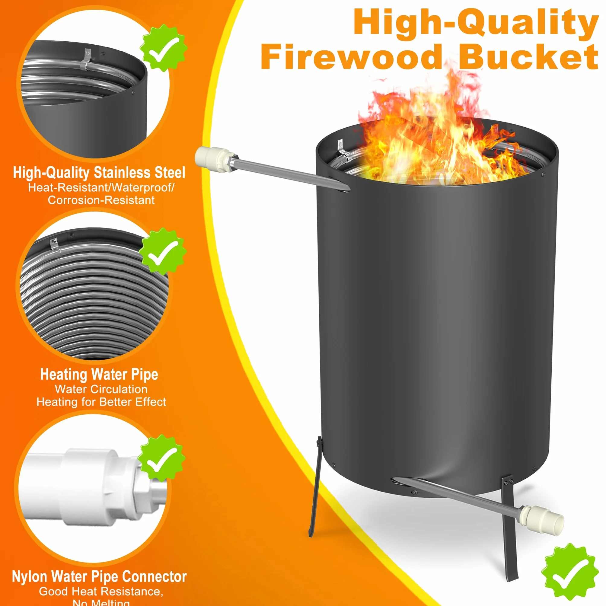 Barril de fuego con espiral de calefacción, diámetro de 32 mm/diámetro de 38 mm, estera ignífuga y bandeja colectora, color negro, ducha de jardín, calefacción, piscina, calentador de piscina