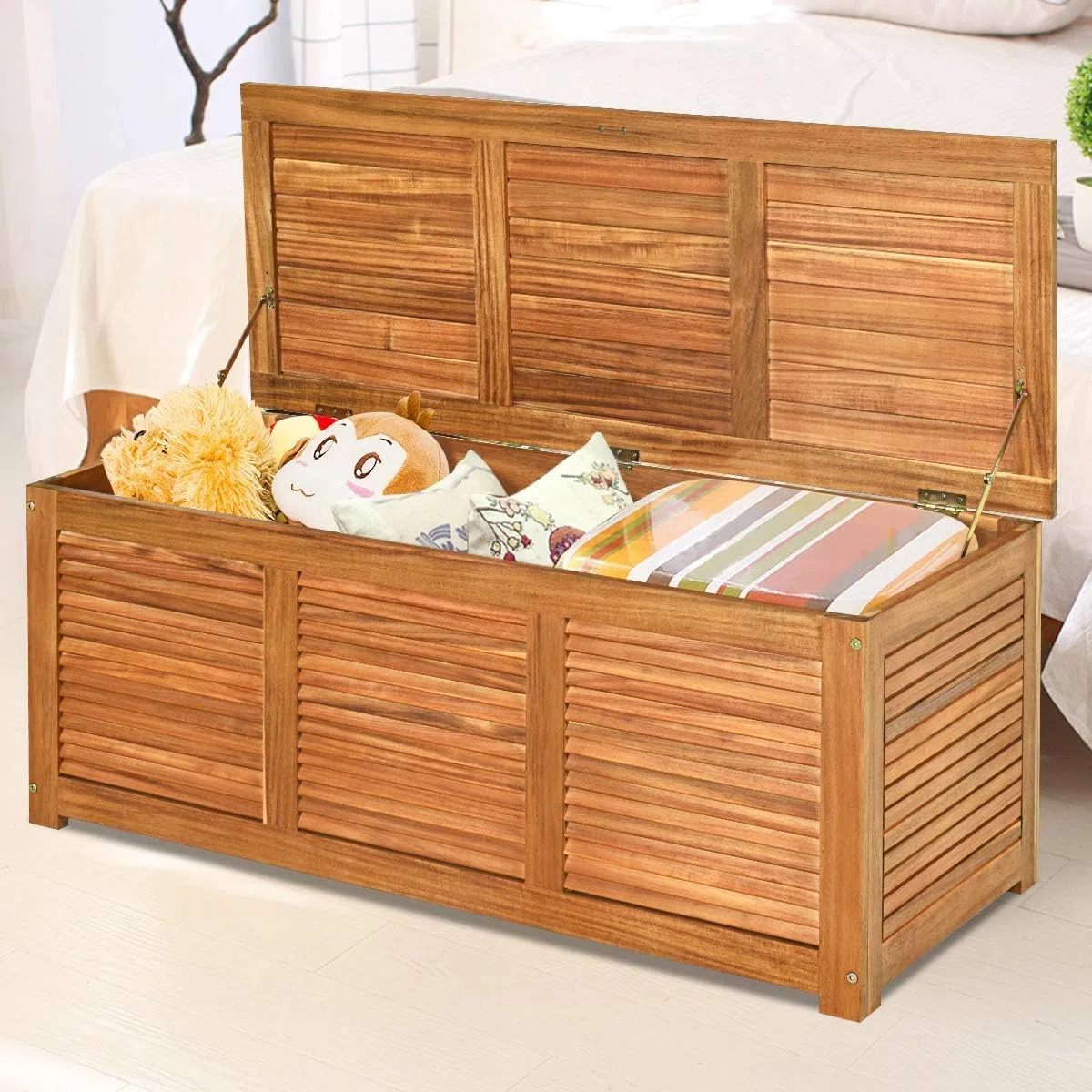 FANTASK Caja de jardín de madera de acacia, 179 L, caja de almacenamiento, caja de cojines, color natural