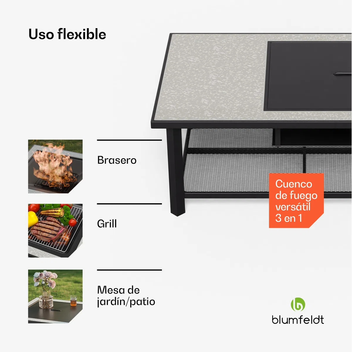 Blumfeldt Merano Avanzato L Brasero Exterior - 3 en 1 Hoguera, Barbacoa & Mesa, Estructura de Acero, Tablero de Terrazo, Incluye Parrilla, Atizador & Protector Antichispas, Ideal para Jardín & Patio