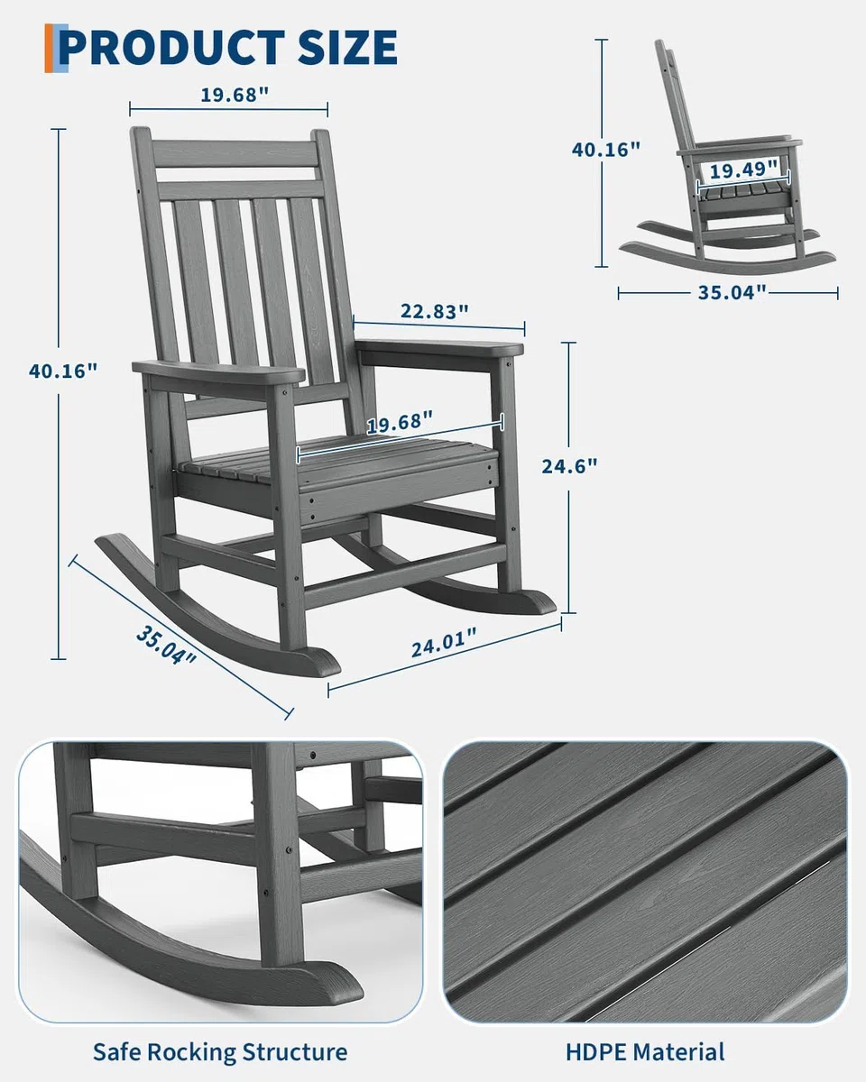 Garvee Mecedora de Jardín de HDPE Silla Balancín Exterior con Respaldo Cuadrado 4 Listones Textura de Madera para Terraza Porche Patio Sillón Relax Ergonómico Resistente 74x85x113 cm Gris